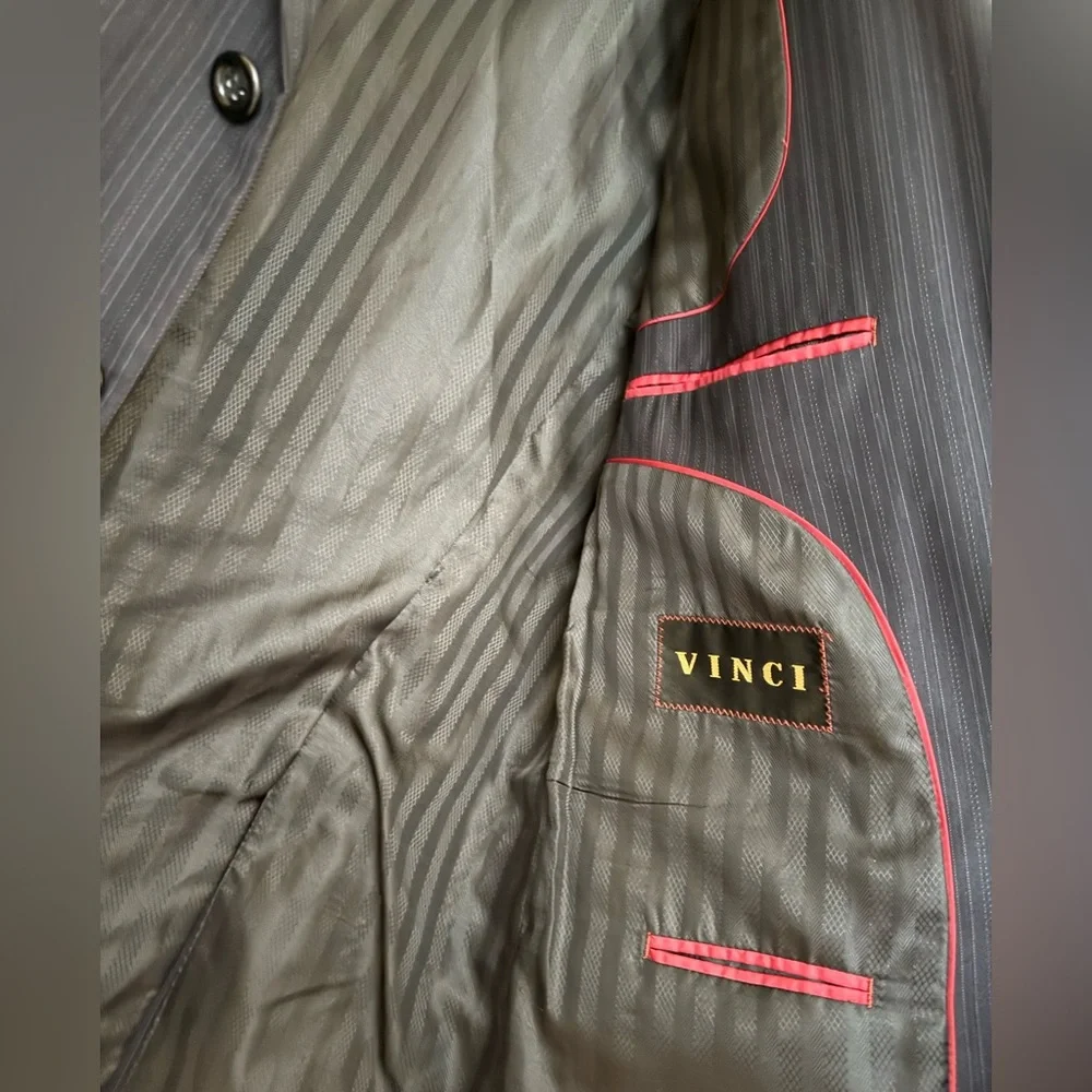 Vinci Men's 3-Button Pinstripe Suit Jacket Blazer Black Sz 40R‎ Italian Design